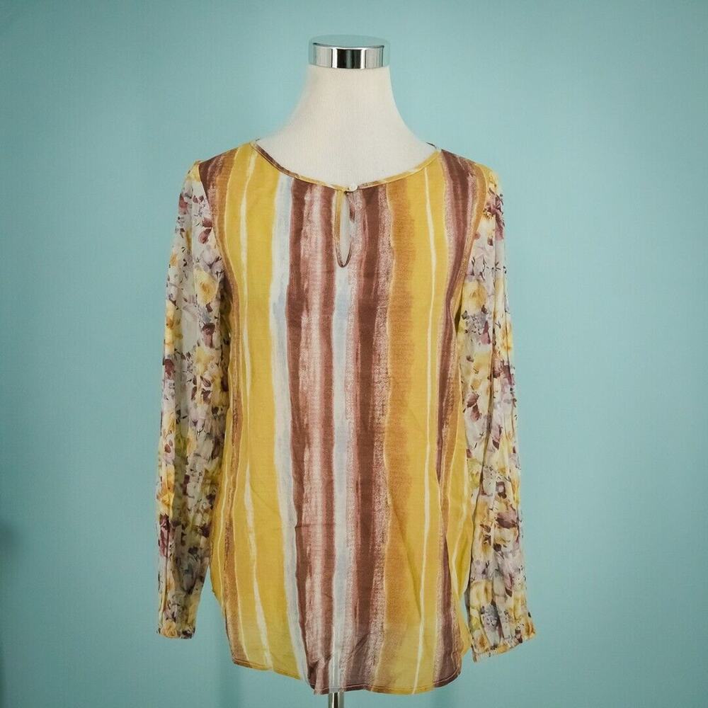 Sundance Size Small S Yellow Floral Stripe Print Keyhole Scoop Long Sleeve Top